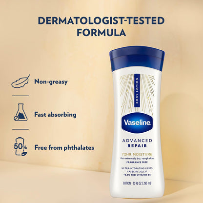 Vaseline Intensive Care Lotion, Unscented, Advanced Repair – Non-Greasy Moisturizer for Extremely Dry Skin + Professional Lip Therapy Tube