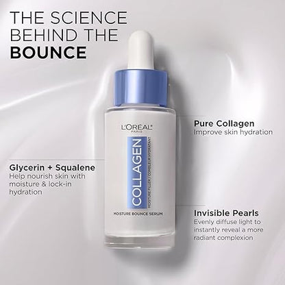 L'Oreal Paris Collagen Moisture Filler Moisture Bounce Face Serum, Glow Serum with Collagen, Glycerin, and Squalane for Bouncy, Radiant, Hydrated Skin, Includes Sample