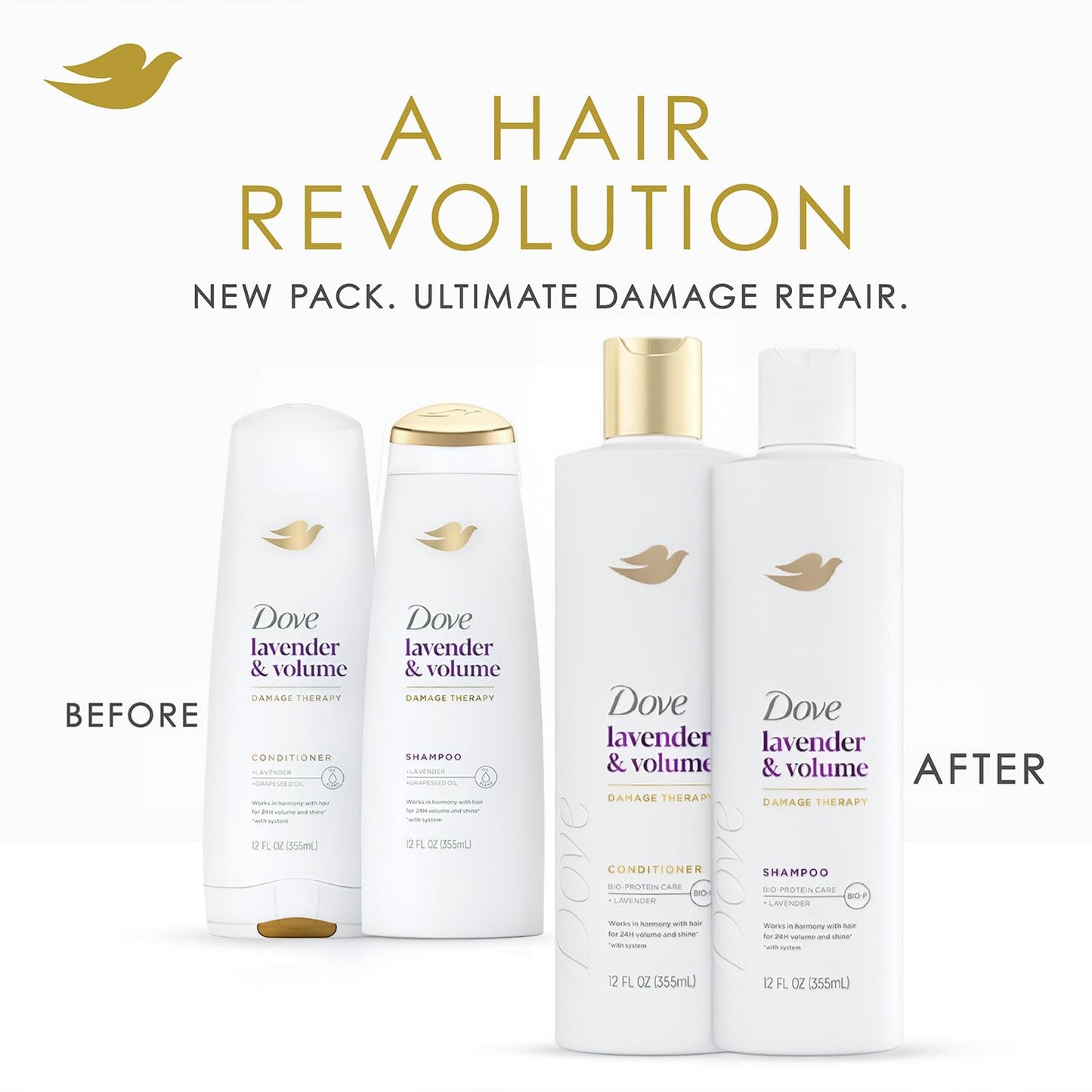 Dove Shampoo & Conditioner, Lavender & Volume Damage Therapy – Volumizing Hair Products for Women with Fine, Flat Hair, 12 Oz Ea