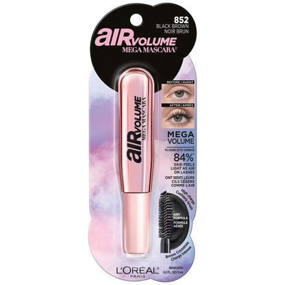 L’Oréal Paris Makeup Air Volume Mega Mascara, Lightweight & Long-lasting Volumizing Mascara for Voluminous Eyelashes, Washable Black Brown, 0.3 Fl Oz