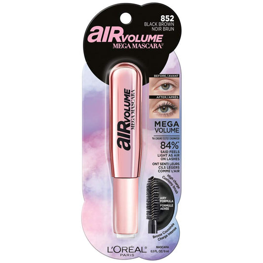 L’Oréal Paris Makeup Air Volume Mega Mascara, Lightweight & Long-lasting Volumizing Mascara for Voluminous Eyelashes, Washable Black Brown, 0.3 Fl Oz