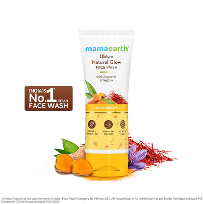 Mamaearth Ubtan De Tan Face Wash | Helps Reduce Tanning & Sun Damage | Gently Cleanses Dirt & Excess Oil | Enriched with Turmeric & Saffron | 3.38 Fl Oz (100ml)