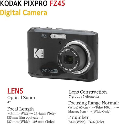 KODAK PIXPRO FZ45 16MP Digital Camera with 4X Optical Zoom 27mm Wide Angle and 2.7" LCD Screen Bundle with 32GB SD Memory Card, AA Batteries (4 Pack), Lens Cleaning Cloth (Black)