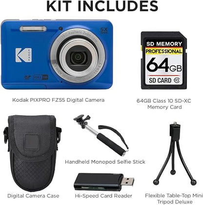 Kodak PIXPRO FZ55 Digital Camera, 16MP Compact Point & Shoot, 5X Optical Zoom, 28mm Wide Angle Lens, 1080P HD Video, Blue + 64GB SD Card, Case, Selfie Stick, Mini Tripod & USB Card Reader