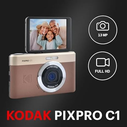 Kodak PIXPRO C1 Compact Digital Camera (Brown) Bundle with 32GB microSDHC Card, Protective Camera Case, Hi-Speed USB Card Reader, USB-C Cable, AC Adapter, and Manufacturer Accessories