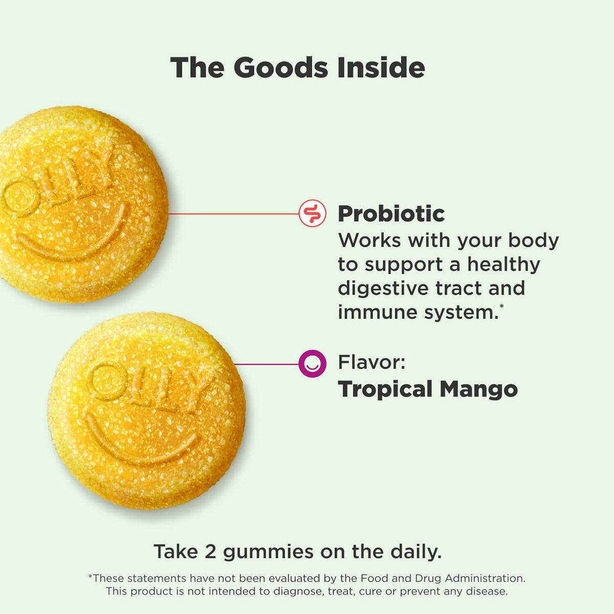 OLLY Probiotic Gummy,1 Billion CFUs,Immune and Digestive Support,Chewable Probiotic Supplement,Mango,80 Count (Pack of 2)
