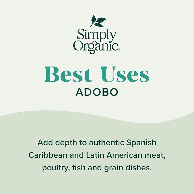 Simply Organic Adobo Seasoning, 4.14-Ounce, Garlic, Onion& Pepper Blend, Add Depth Without Heat To Fish, Meats, Rice, Kosher