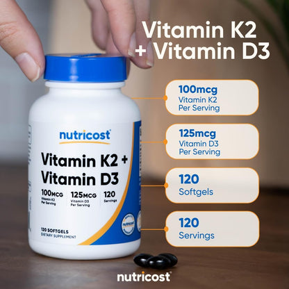 Nutricost Vitamin D3 + K2 (5000 IU D3 / 100mcg MK7) 120 Softgels, GMO-Free