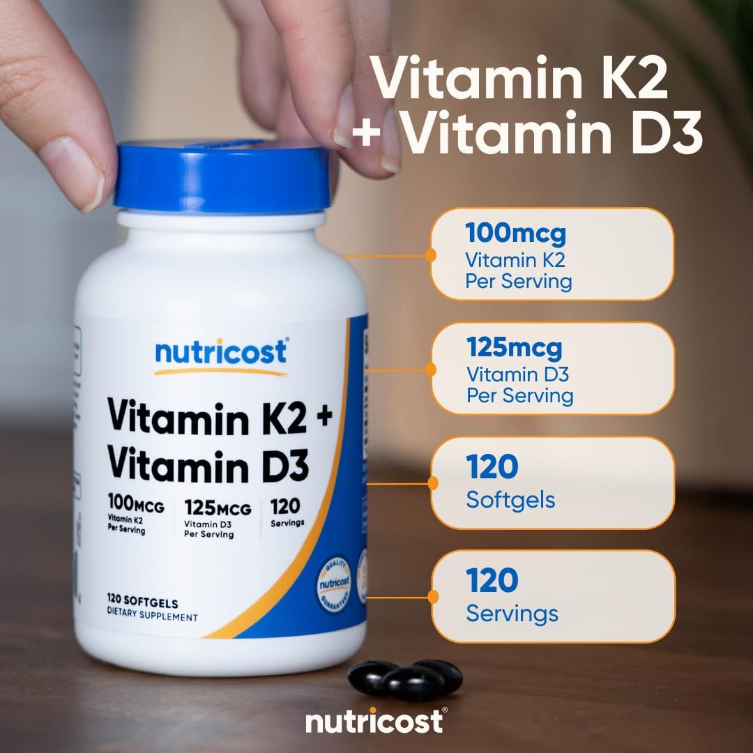 Nutricost Vitamin K2 (MK7) (100mcg) + Vitamin D3 (5000 IU) 120 Softgels - Gluten Free and Non-GMO (Pack of 2)