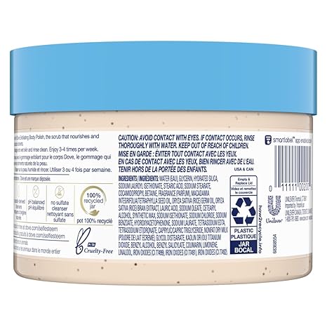 Dove Exfoliating Body Polish Scrub Reveals Visibly Smoother Skin Macadamia & Rice Milk Body Scrub That Nourishes Skin, 10.5 oz, 4 Count
