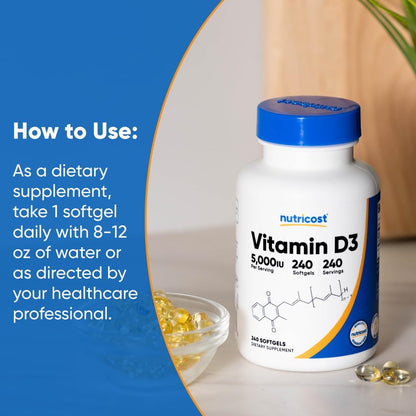 Nutricost Vitamin D3 5,000 IU (125mcg), 240 Softgels, GMO-Free