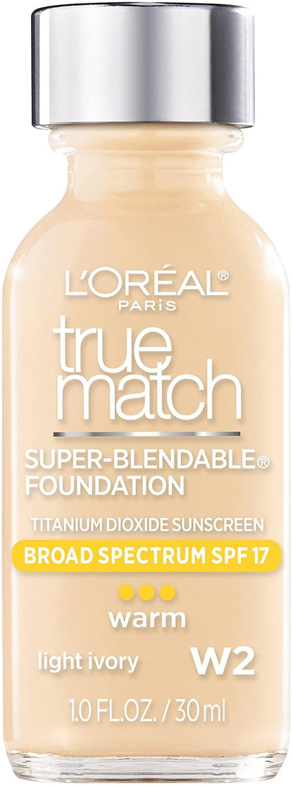 L'Oreal Paris Makeup True Match Super-Blendable Liquid Foundation, Light Ivory W2, 1 Fl Oz, 1 Count