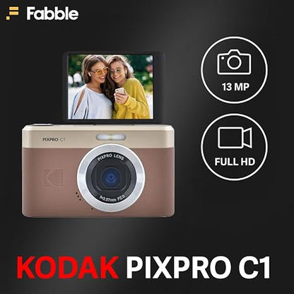 Kodak PIXPRO C1 Compact Digital Camera (Brown) Bundle with 32GB microSDHC Card, Protective Camera Case, Hi-Speed USB Card Reader, USB-C Cable, AC Adapter, and Manufacturer Accessories