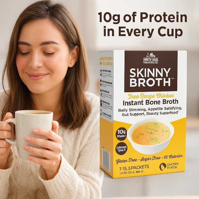 Country Farms Skinny Broth, Instant Chicken Bone Broth, 10G Protein, Collagen Type II, Promotes Better Digestion, Supports Bone Health, 7 Day Plan, 7-15g Packets