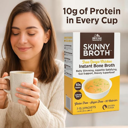 Country Farms Skinny Broth, Instant Chicken Bone Broth, 10G Protein, Collagen Type II, Promotes Better Digestion, Supports Bone Health, 7 Day Plan, 7-15g Packets