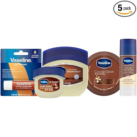 Vaseline Cocoa Butter Lovers Travel Essentials Set – Cocoa Butter Infused Petroleum Jelly, Shimmer Jelly Stick, Glow Body Cream, Lip Therapy Stick & Mini Jar