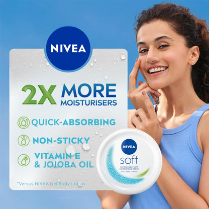 NIVEA Soft Light Moisturizer Cream, with Vitamin E & Jojoba Oil for Face, Hands and Body, 100 ml