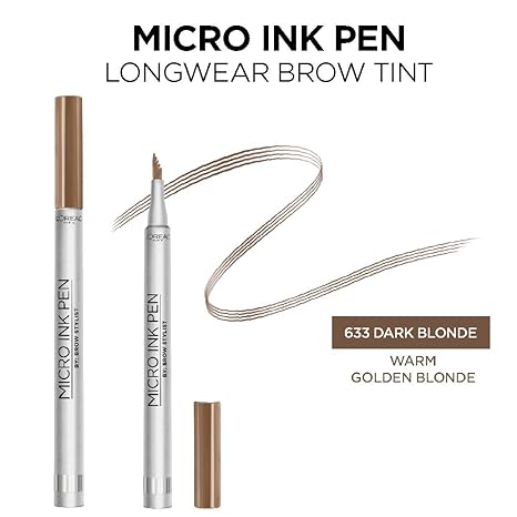 L'Oreal Paris Micro Ink Pen by Brow Stylist, Longwear Brow Tint, Hair-Like Effect, Up to 48HR Wear, Precision Comb Tip, Dark Blonde, 0.033 fl; oz.