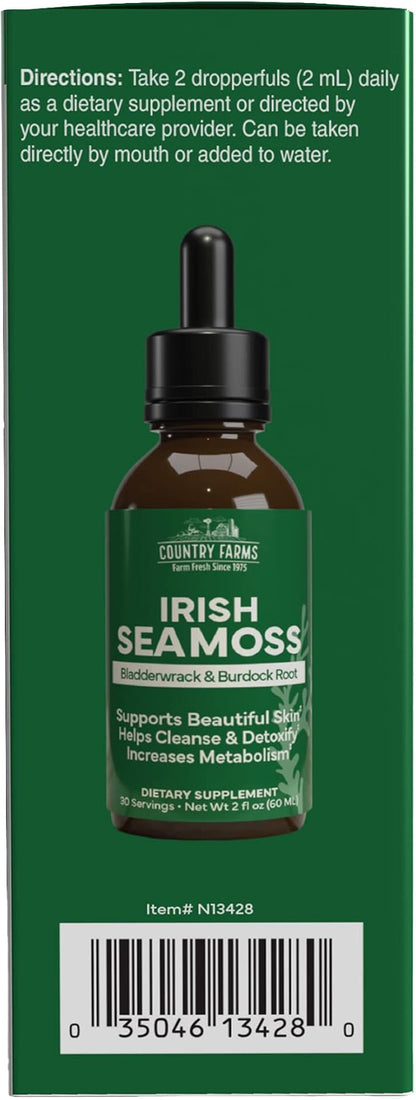 Country Farms Irish Sea Moss Liquid, Supports Beautiful Skin, Cleans and Detoxify, Immune Support, Promotes Healthy Gut, Promotes Natural Energy Levels, Burdock, Irish Moss and Bladderwrack, 2 Fl Oz
