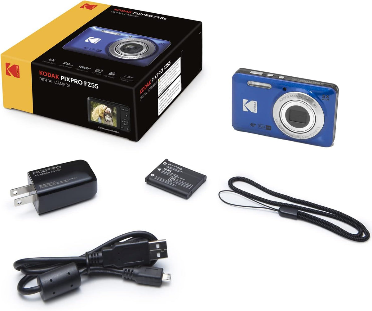 Kodak PIXPRO FZ55 Digital Camera, Blue Bundle with Lexar 32GB High-Performance 800x UHS-I SDHC Memory Card + Deco Photo Point and Shoot Field Bag Camera Case