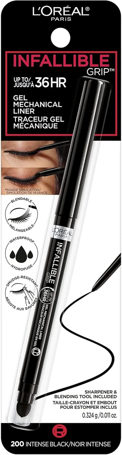 L'Oreal Paris Infallible Grip Mechanical Gel Eyeliner Pencil, Smudge-Resistant, Waterproof Eye Makeup with Up to 36HR Wear, Intense Black, 0.01 Oz