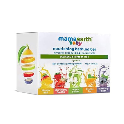 MAMAEARTH Fruit Infused Bathing Bar, 5 x 75g | Formulated with apple, orange, blueberry, strawberry, and mango extracts.