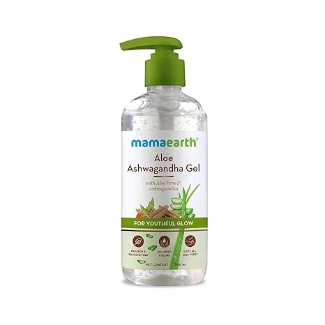 Mamaearth Aloe Ashwagandha Gel with Aloe Vera & Ashwagandha for Youthful Glow | Deeply Hydrates & Moisturizes Skin | Non Sticky & Paraben Free | 10.14 Fl Oz (300ml) | Lightweight gel texture suitable for daily skincare routines.