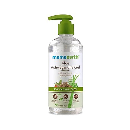Mamaearth Aloe Ashwagandha Gel with Aloe Vera & Ashwagandha for Youthful Glow | Deeply Hydrates & Moisturizes Skin | Non Sticky & Paraben Free | 10.14 Fl Oz (300ml) | Lightweight gel texture suitable for daily skincare routines.