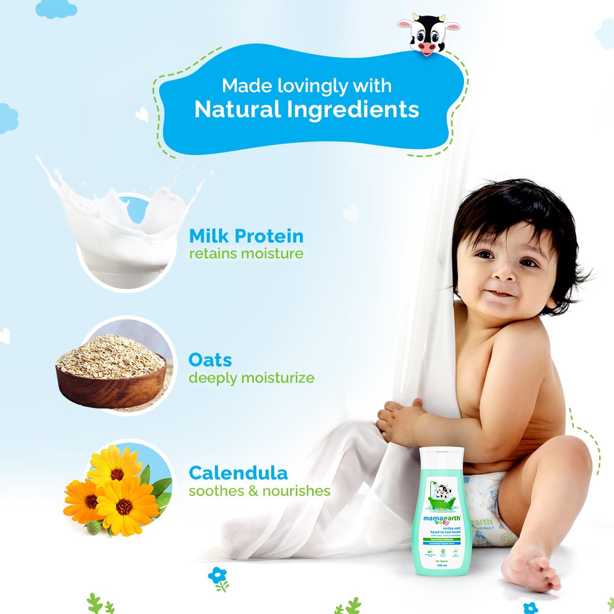 MAMAEARTH Milky Soft Head to Toe Wash with Oats, Milk & Calendula, 400ml | Head to toe wash formulated with oats, milk, and calendula.