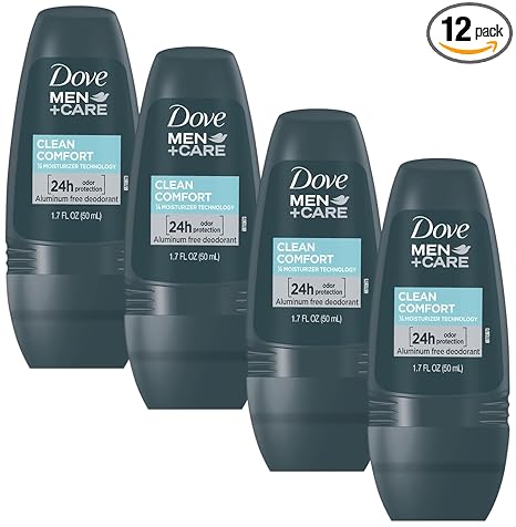 Dove Men+Care Clean Comfort Roll on Deodorant, Aluminum Free, For All Day Underarm Odor Protection, 12-Pack, 1.7 Fl Oz Each, 4 Bottles