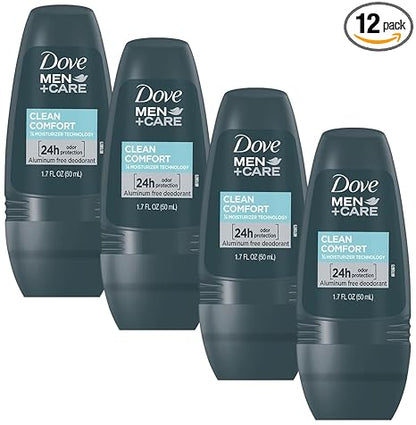 Dove Men+Care Clean Comfort Roll on Deodorant, Aluminum Free, For All Day Underarm Odor Protection, 12-Pack, 1.7 Fl Oz Each, 4 Bottles