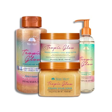 Tree Hut Tropic Glow Body Care Bundle with Sparkling Gel Wash, Shea Sugar Scrub & Moisturizing Shave Oil; Hydrating, Exfoliating & Smoothing Formula with Shea Butter for Soft, Radiant Skin