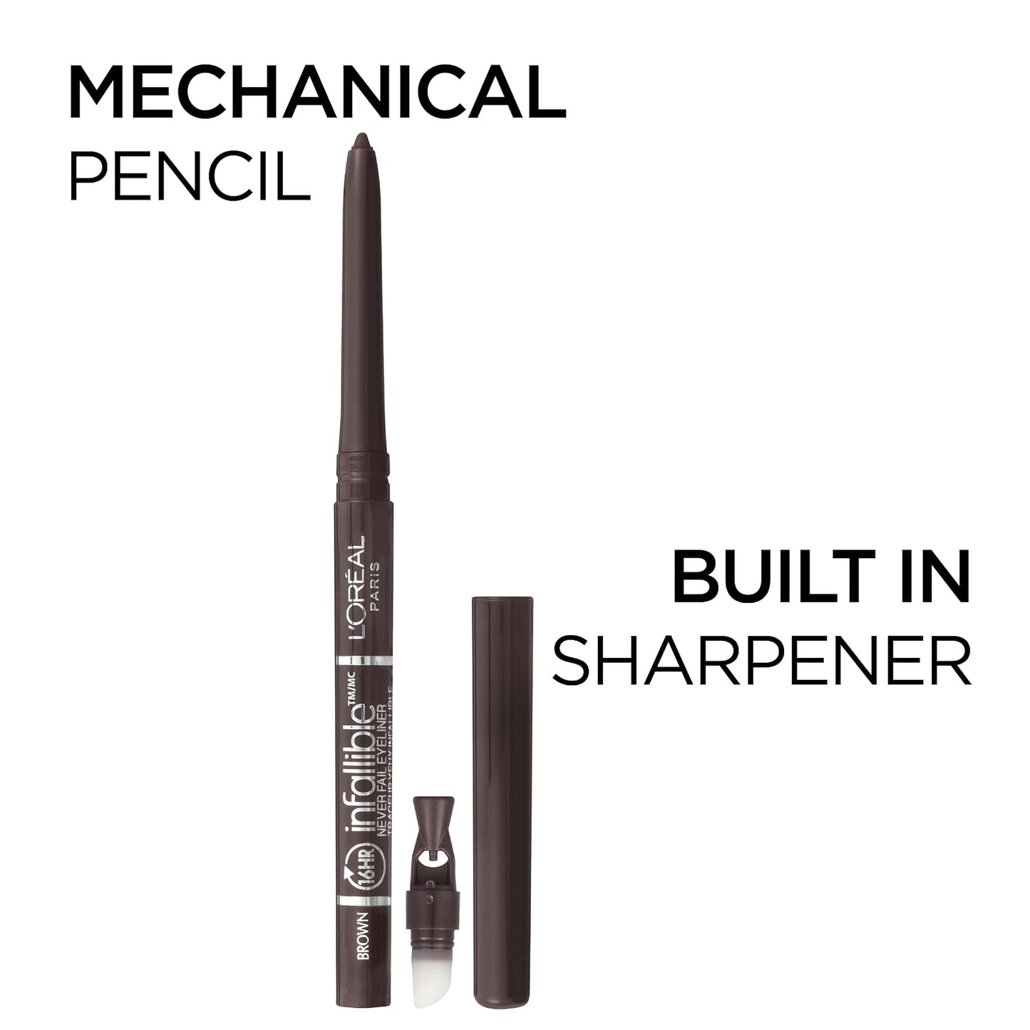 L'Oreal Paris Makeup Infallible Never Fail Original Mechanical Pencil Eyeliner with Built in Sharpener, Black Brown, 0.008 oz., 1 Count (Pack of 2)