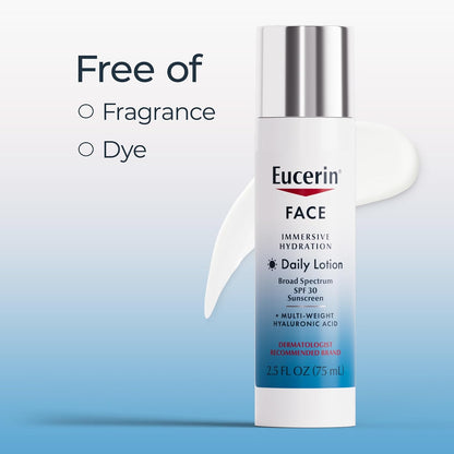 Eucerin Face Immersive Hydration Daily Face Lotion Broad Spectrum SPF 30 Sunscreen, Daily Moisturizer with Hyaluronic Acid Smooths Fine Lines and Wrinkles, 2.5 Fl Oz Bottle