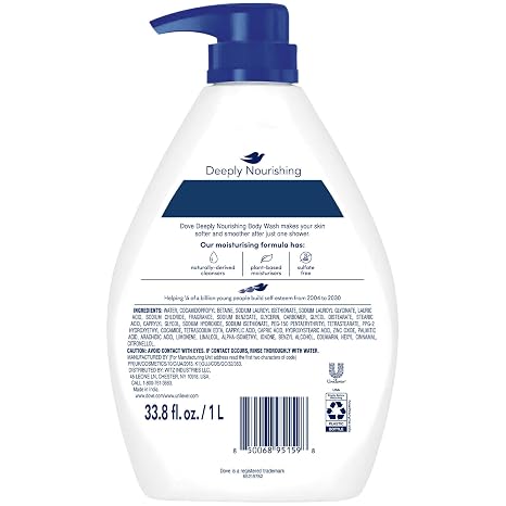 Dove Body Wash, Deeply Nourishing, Value Size 3-Pack – Moisturizing Shower Soap Liquid for Softer, Smoother Skin, 33.8 Oz Ea