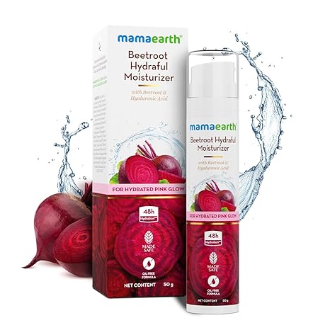 MAMAEARTH Beetroot Hydraful Moisturizer with Hyaluronic Acid, 50g | Lightweight cream texture suitable for daily skincare routines.