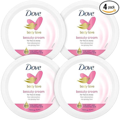 Dove Lotion, Beauty Cream - Light, Fast-Absorbing Face and Body Cream for Normal to Dry Skin, 24-Hour Moisture, Luxuriously Scented Face Cream, Hand & Body Lotion, Travel Size, 2.53 Fl Oz (Pack of 4)