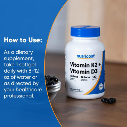 Nutricost Vitamin D3 + K2 (5000 IU D3 / 100mcg MK7) 120 Softgels, GMO-Free