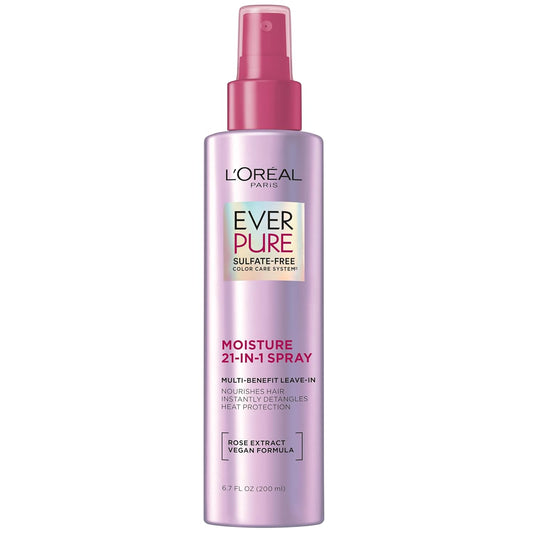 L'Oreal Paris EverPure Moisture 21-in-1 Leave In Conditioner, Multi-Benefit Heat Protectant Spray for Hair Up to 450°F, Detangling Frizz Control for Color Treated, Dry, or Damaged Hair, 6.7 Fl Oz