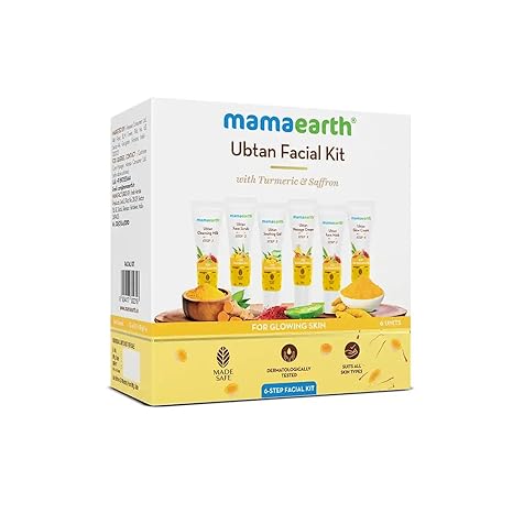 Mamaearth Ubtan Facial Kit with Turmeric & Saffron, 60g | Includes cleanser, scrub, gel, massage cream, and face pack.