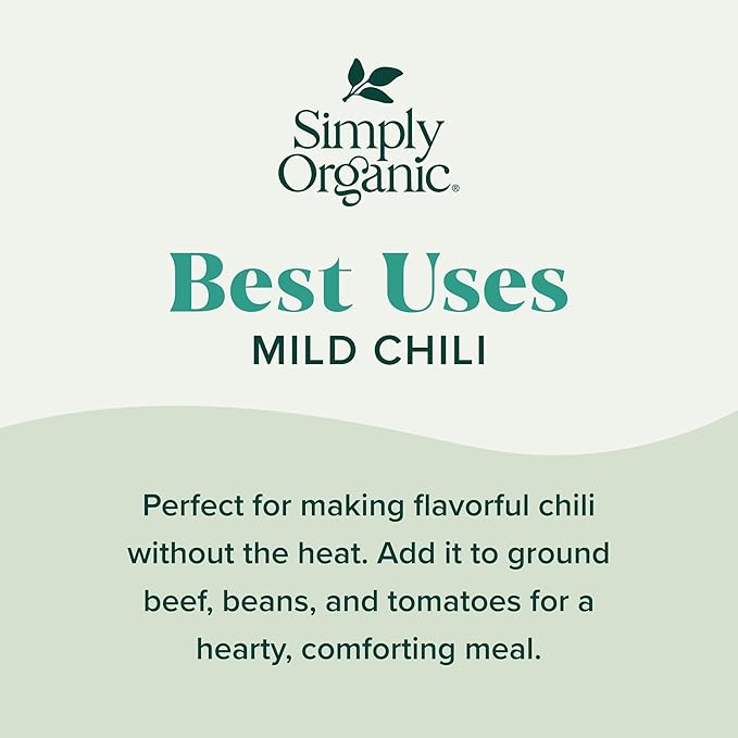 Simply Organic Mild Chili Seasoning Mix, 1-Ounce 12-Pack, Organic Cumin, Paprika, Cloves, Allspice, Warm, Hearty Taste