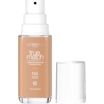L'Oreal Paris True Match Super-Blendable Foundation, Medium Coverage Liquid Foundation Makeup, N6, Medium, 1 Fl Oz