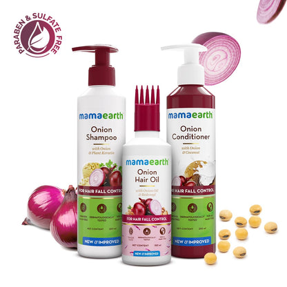 Mamaearth Onion Hair Care Kit - Hair Fall Control with 150ml Onion Oil & Shampoo + Conditioner (250ml Each) | Anti Hair Loss & Growth Formula | 3 Piece Set