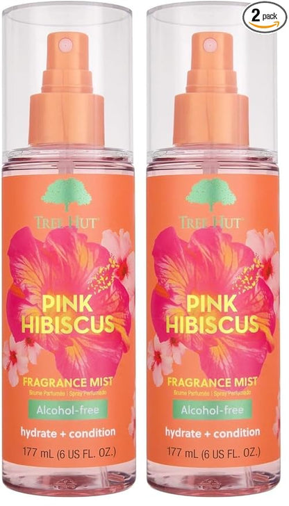 Tree Hut Pink Hibiscus Hair & Body Mist, Hydrating & Alcohol-Free Body Spray, Fragrance with Hibiscus, Poppy-& Rasberry Notes, Alcohol-Free Formula, 6 Fl Oz. (Pack of 2)