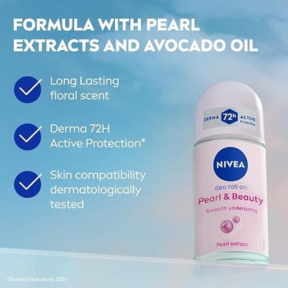NIVEA Pearl & Beauty Roll On Deodorant for Women, 50ml (Pack of 6) | 72H Sweat & Odor Protection | Pearl Extract & Avocado Oil | 0% Ethyl Alcohol | Antiperspirant Roll-On