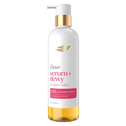 Dove Serum+ Shower Oil Body Wash Dewy, Coconut & Geranium Oil, 15.3 fl oz I Hydrating shower oil body wash with glycerin serum for soft, dewy skin without greasy residue