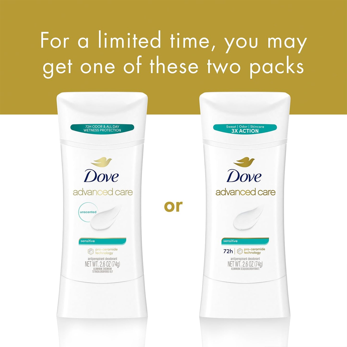 Dove Advanced Care Antiperspirant Deodorant, Sensitive, Unscented 3-Pack – 72 Hours of Odor & All Day Wetness Protection, 2.6 Oz Ea