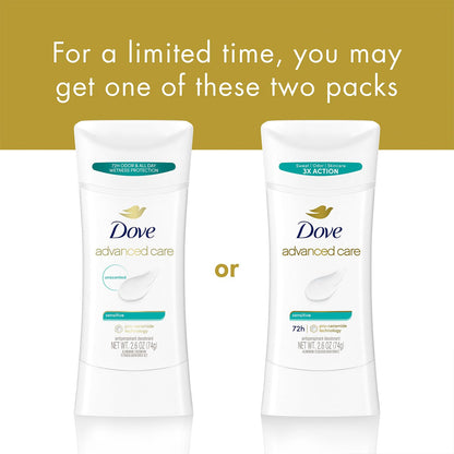 Dove Advanced Care Antiperspirant Deodorant, Sensitive, Unscented 3-Pack – 72 Hours of Odor & All Day Wetness Protection, 2.6 Oz Ea
