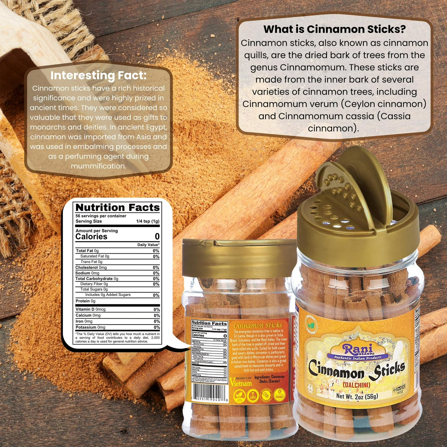 Rani Cinnamon Sticks 2oz (56g) ~ 10-13 Sticks 3 Inches in Length Cassia Round, PET Jar ~ All Natural | Vegan | No Colors | Gluten Friendly | NON-GMO | Kosher