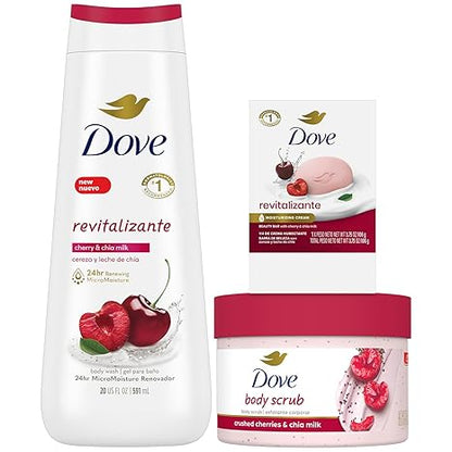 Dove Revitalizing Cherry Collection Gift Set – Fruit and Chia Milk Body Wash, Exfoliating Body Polish + Soap Bar (3 Piece Set)